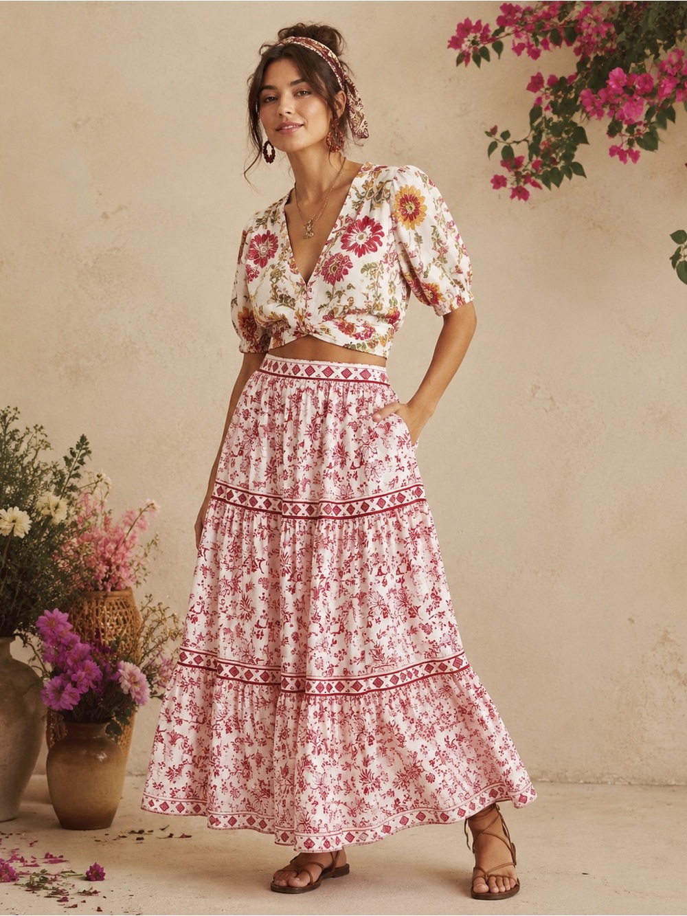 Japna 100% Cotton Tiered Peasant Maxi Skirt Cottagecore Floral Red Cream XS